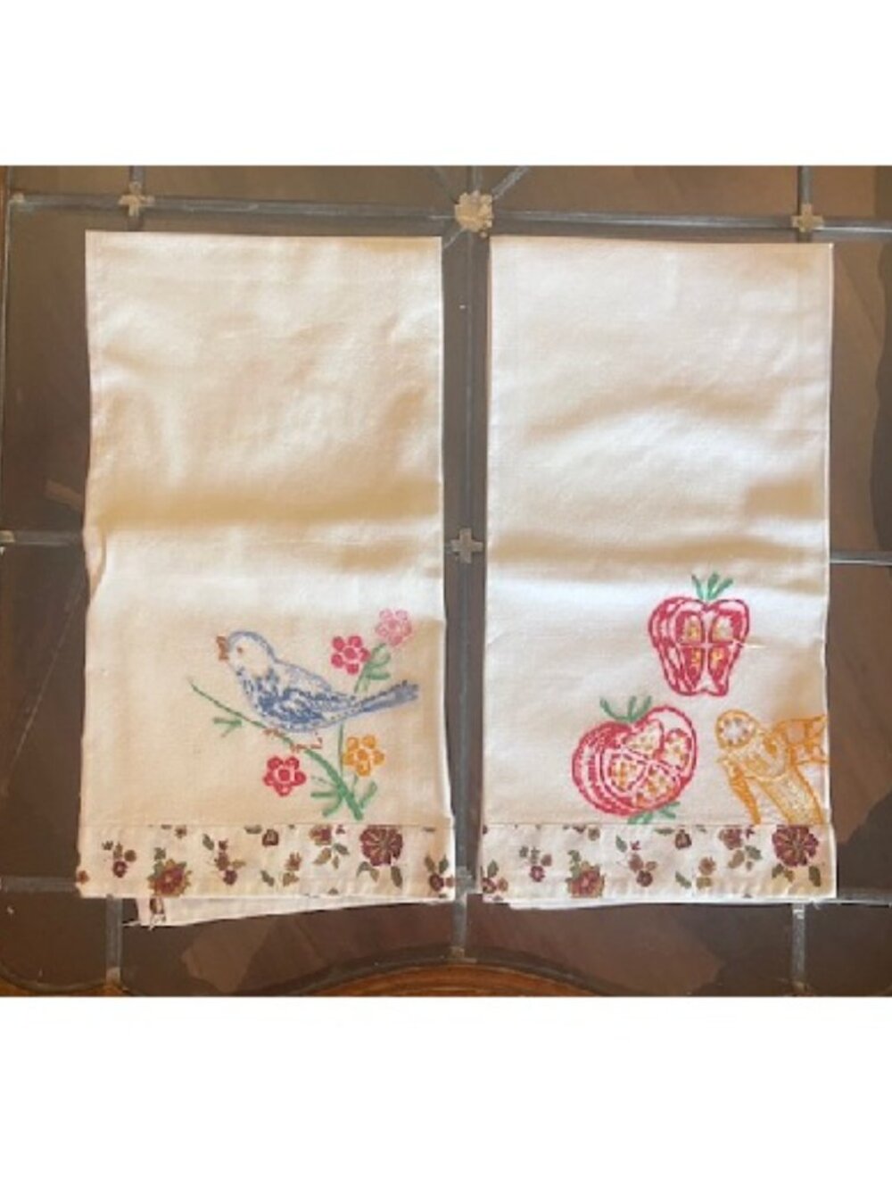 Vintage Hand Embroidered Flour Sack Dish Towels: Blue Bird w Flowers & Fruits